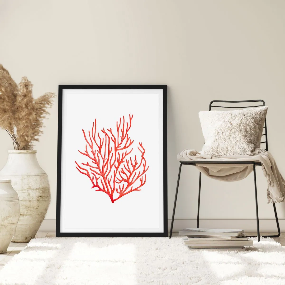 Plakat i sort ramme - Rød koral på en hvid baggrund i minimalistisk stil - 50x70cm - Koral-filigran - Moderne vægdekoration til stue og soveværelse ARTTOR