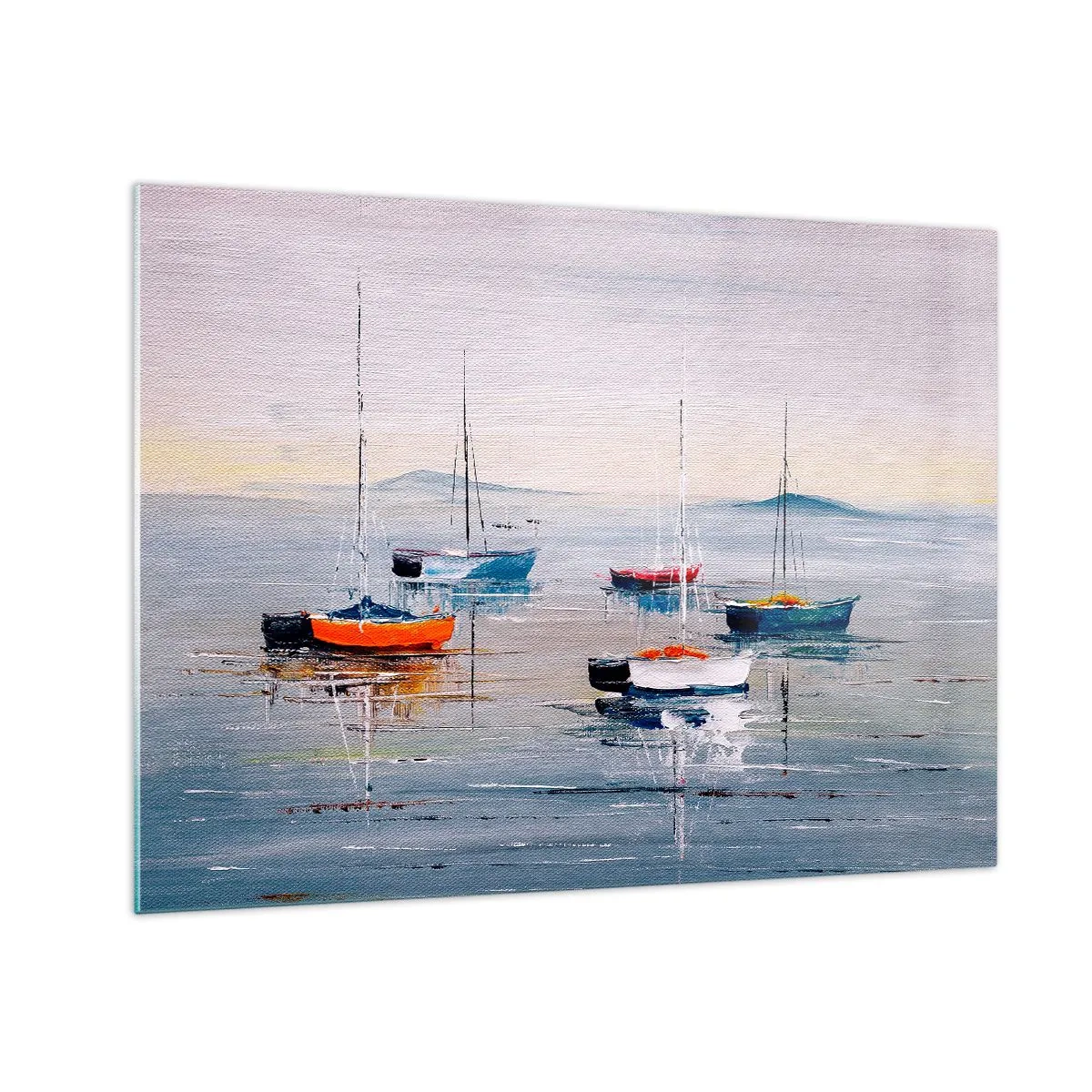 Billede på glas - Farverige både driver på det rolige vand ved solnedgang - 70x50cm - Et velfortjent hvil - Moderne vægdekoration til stue og soveværelse ARTTOR