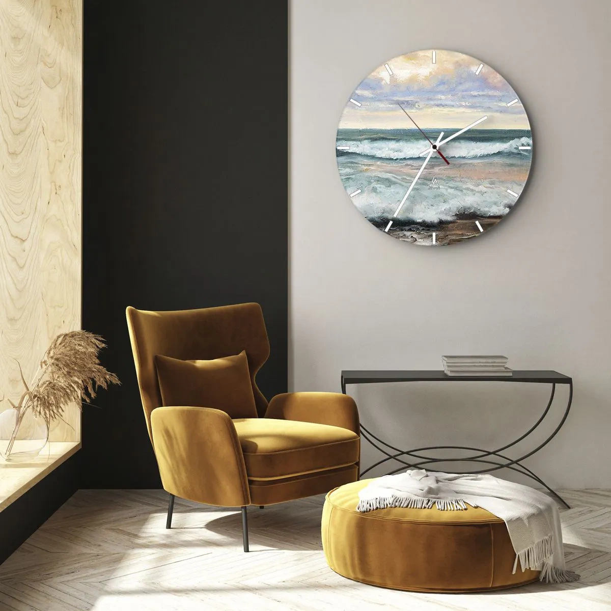 Vægur, Uret - Havbølger mod en pastelfarvet himmel i malerisk stil - 30x30cm - Her vil du glatte din sjæl - Moderne vægdekoration til stue, køkken og soveværelse ARTTOR