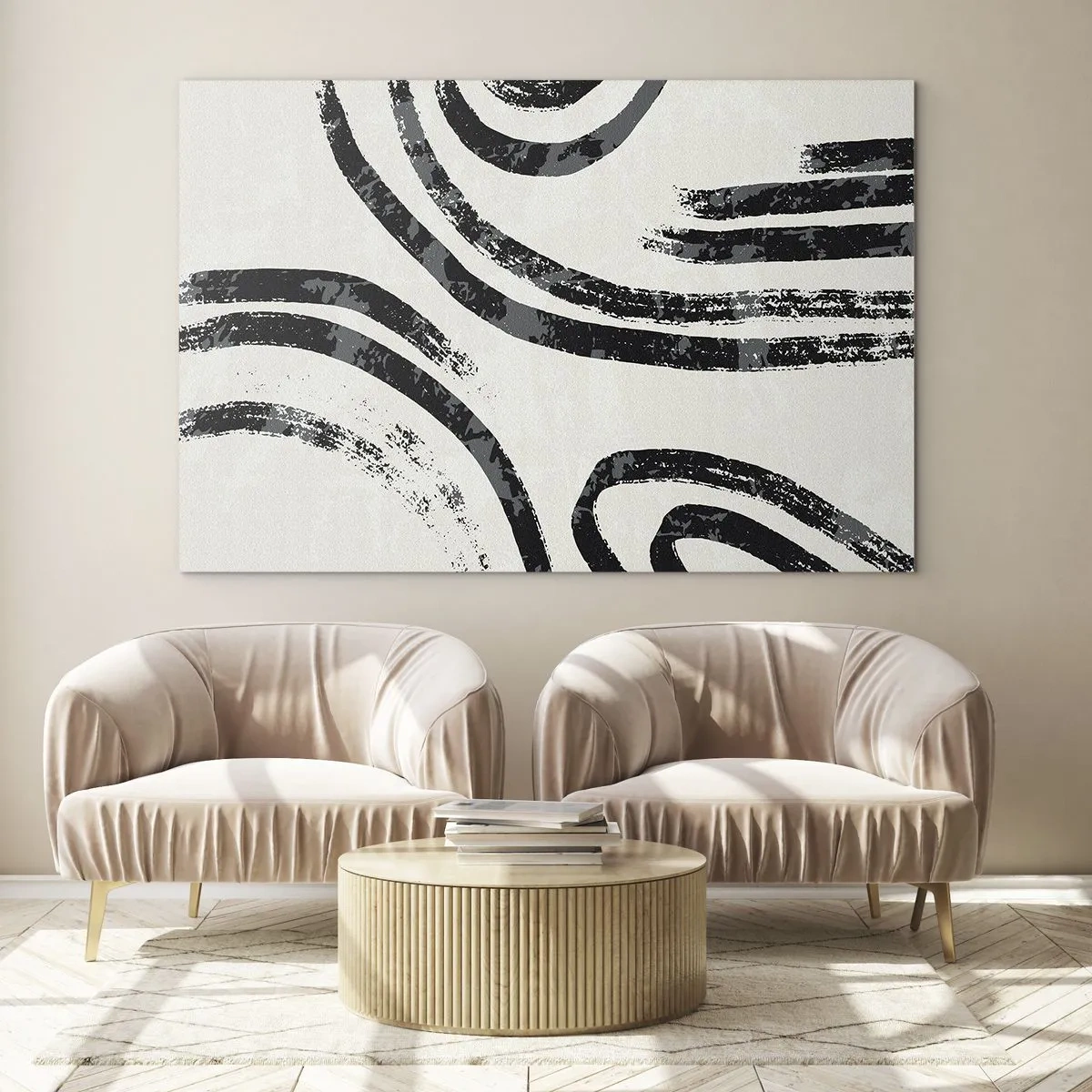 Billede på glas - Sorte halvcirkelformede linjer i en minimalistisk abstraktion på en lys baggrund - 70x50cm - Halvt stoppet - Moderne vægdekoration til stue og soveværelse ARTTOR