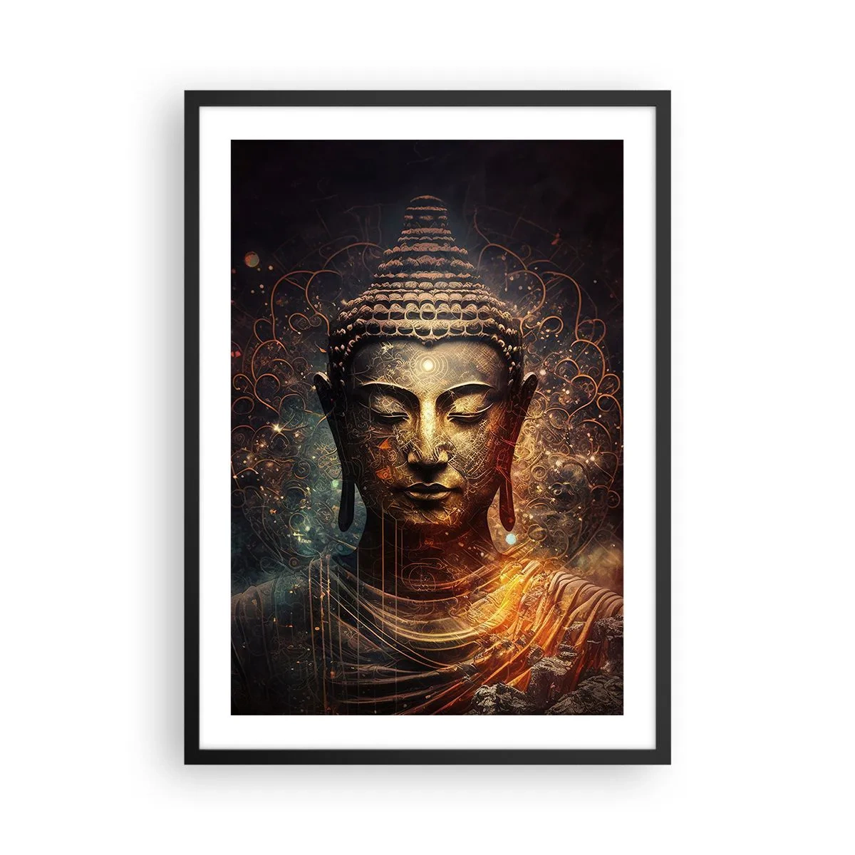 Plakat i sort ramme - Mystisk billede af Buddha i gyldne nuancer - 50x70cm - Åndelig balance - Moderne vægdekoration til stue og soveværelse ARTTOR