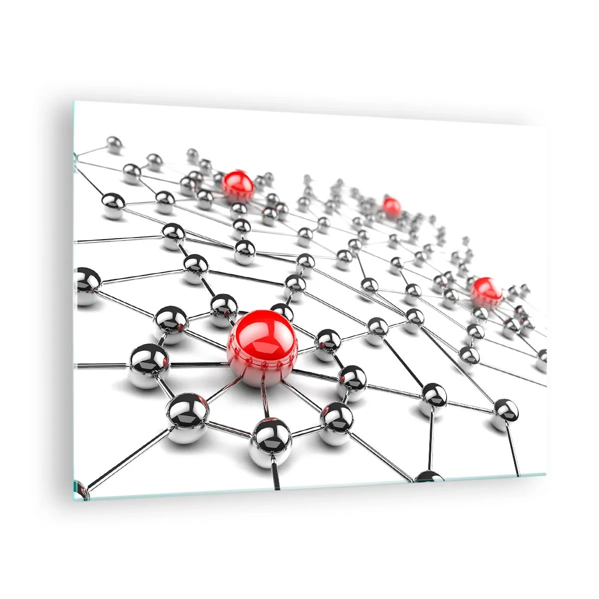 Billede på glas - Sølvfarvet molekylært netværk med røde accenter - 70x50cm - Sølvnet - Moderne vægdekoration til stue og soveværelse ARTTOR