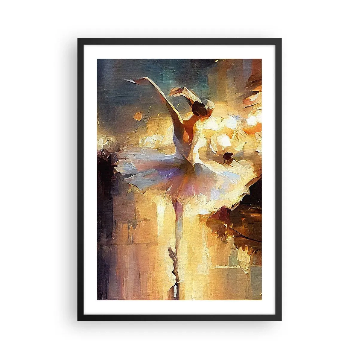 Plakat i sort ramme - En ballerina i scenens gyldne lys - 50x70cm - Et mirakel på gaden - Moderne vægdekoration til stue og soveværelse ARTTOR