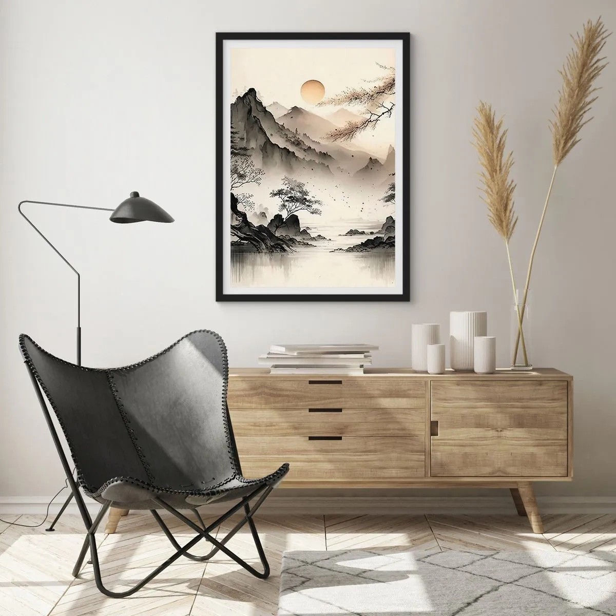 Plakat i sort ramme - Et minimalistisk bjerglandskab i japansk stil - 50x70cm - Orientens unikke charme - Moderne vægdekoration til stue og soveværelse ARTTOR