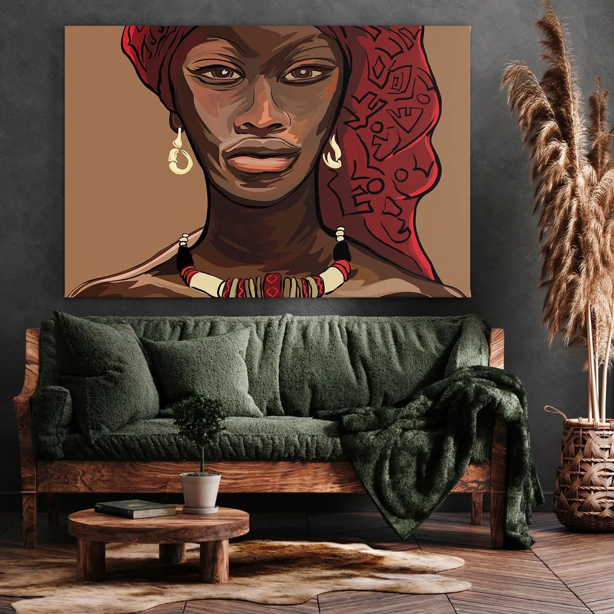 Lærredstryk - Billede på lærred - Portræt af en kvinde med en rød turban på en beige baggrund - 70x50cm - Ibenholt Venus - Moderne vægdekoration til stue og soveværelse ARTTOR
