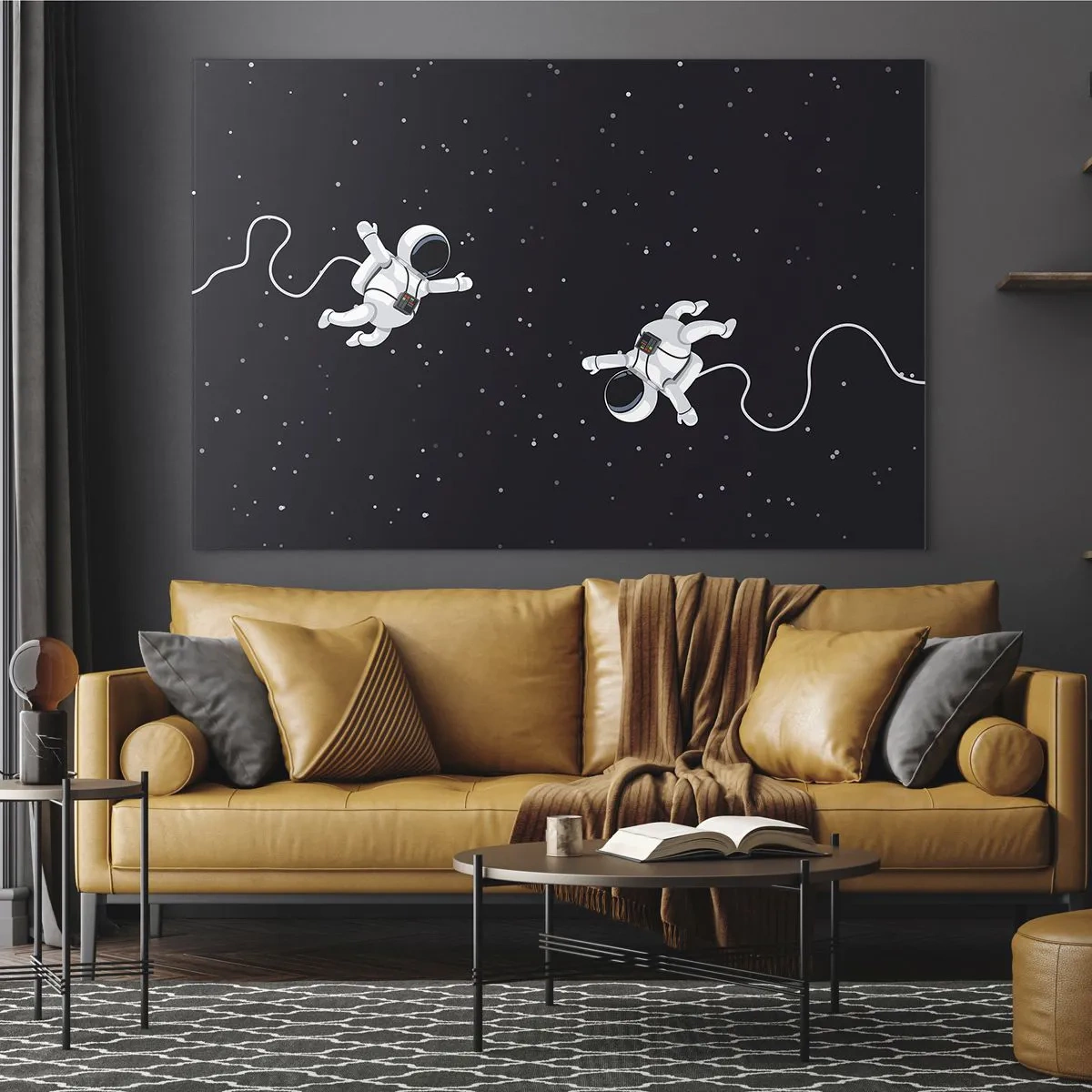 Billede på glas - To astronauter svæver i rummet - 70x50cm - Rummet vikler sig sammen - Moderne vægdekoration til stue og soveværelse ARTTOR