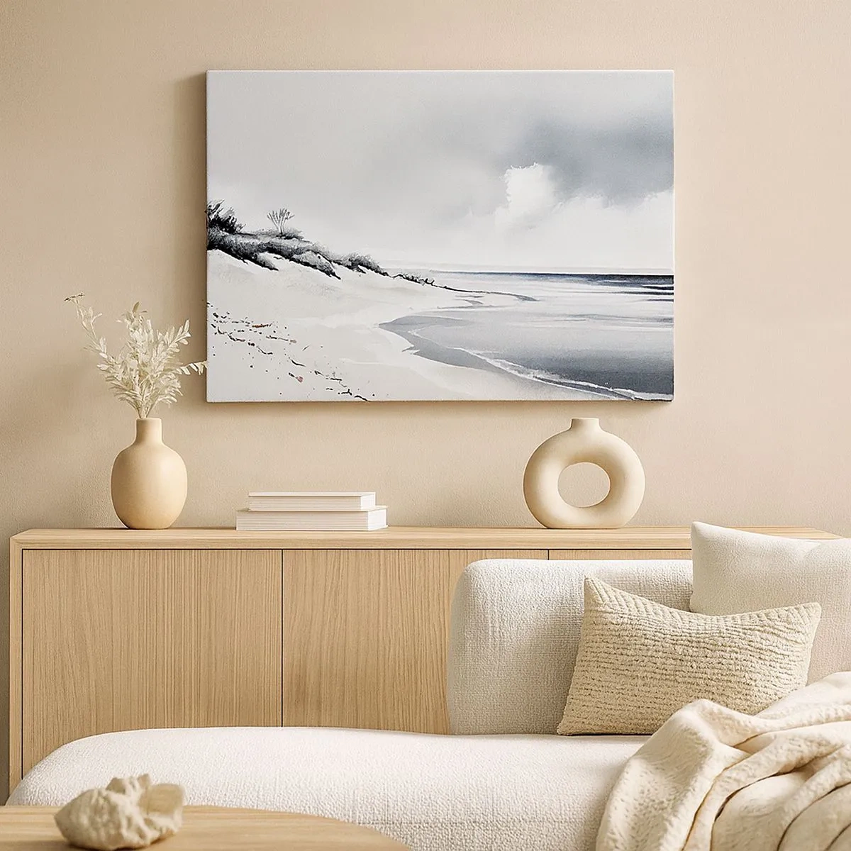 Lærredstryk - Billede på lærred - En strand i afdæmpede nuancer af grå og blå - 70x50cm - Altid sammen - Moderne vægdekoration til stue og soveværelse ARTTOR