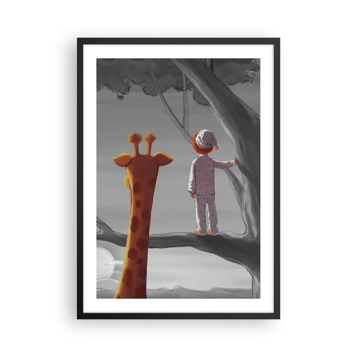 Plakat i sort ramme - En dreng i pyjamas og en giraf i et træ i et gråt og orange landskab. - 50x70cm - Det sker virkelig - Moderne vægdekoration til stue og soveværelse ARTTOR
