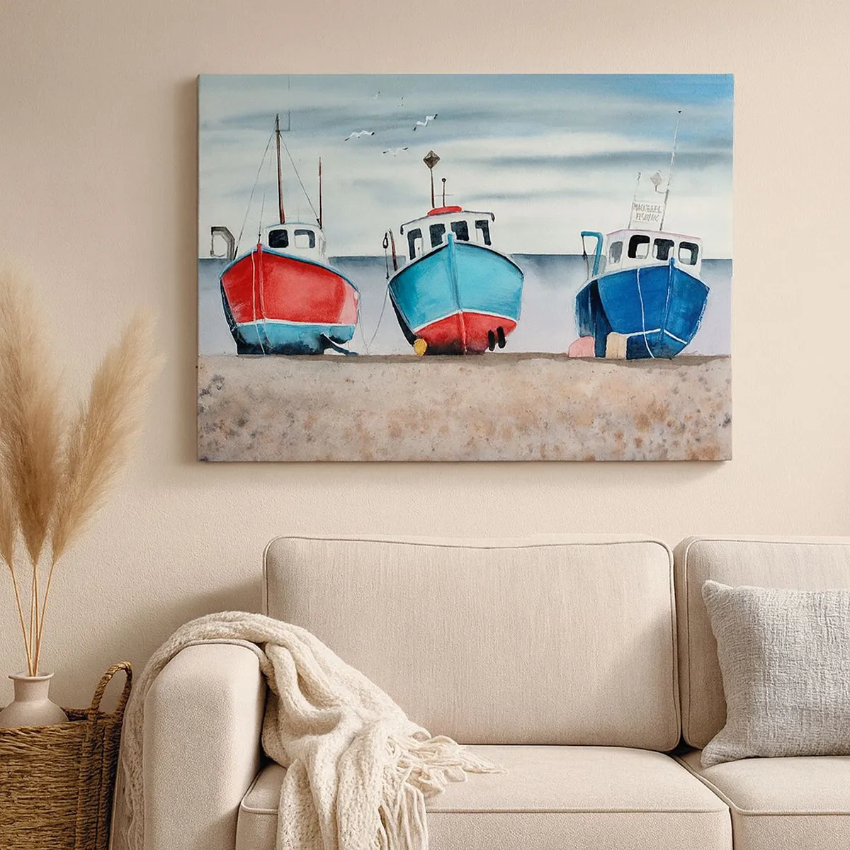 Lærredstryk - Billede på lærred - Farverige fiskerbåde på kysten i et havlandskab - 70x50cm - Klar til at fange - Moderne vægdekoration til stue og soveværelse ARTTOR