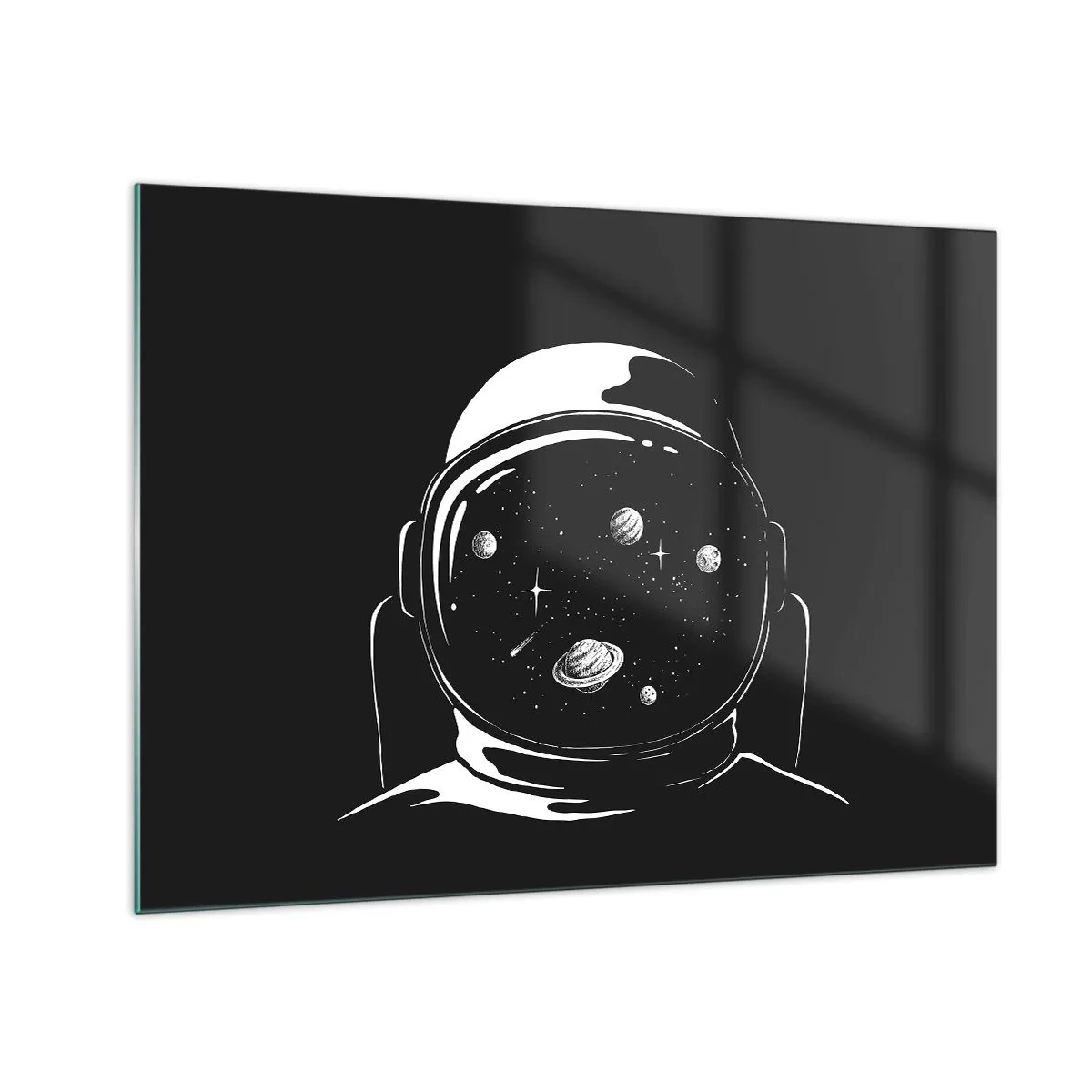 Billede på glas - Astronaut med stjerner og planeter i sin hjelm på en sort baggrund - 70x50cm - Flot udsigt - Moderne vægdekoration til stue og soveværelse ARTTOR