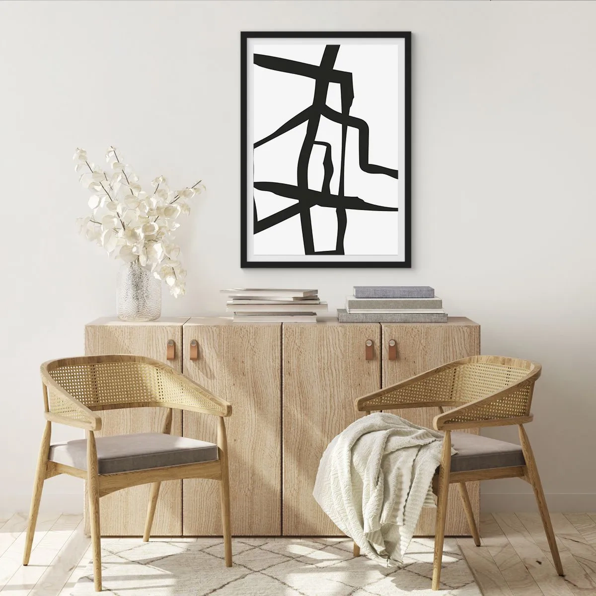 Plakat i sort ramme - Abstrakt komposition af sorte linjer på en hvid baggrund - 50x70cm - Sort og hvid konstruktion - Moderne vægdekoration til stue og soveværelse ARTTOR