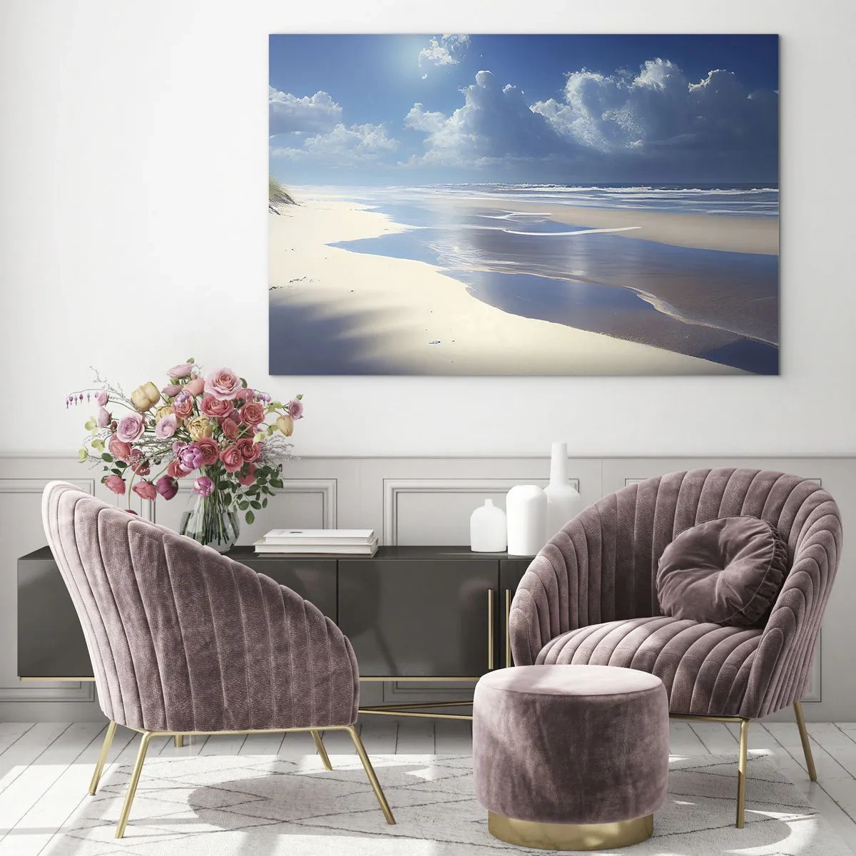 Billede på glas - En bred sandstrand og rolige bølger under en blå himmel - 70x50cm - Ferie i paradis - Moderne vægdekoration til stue og soveværelse ARTTOR