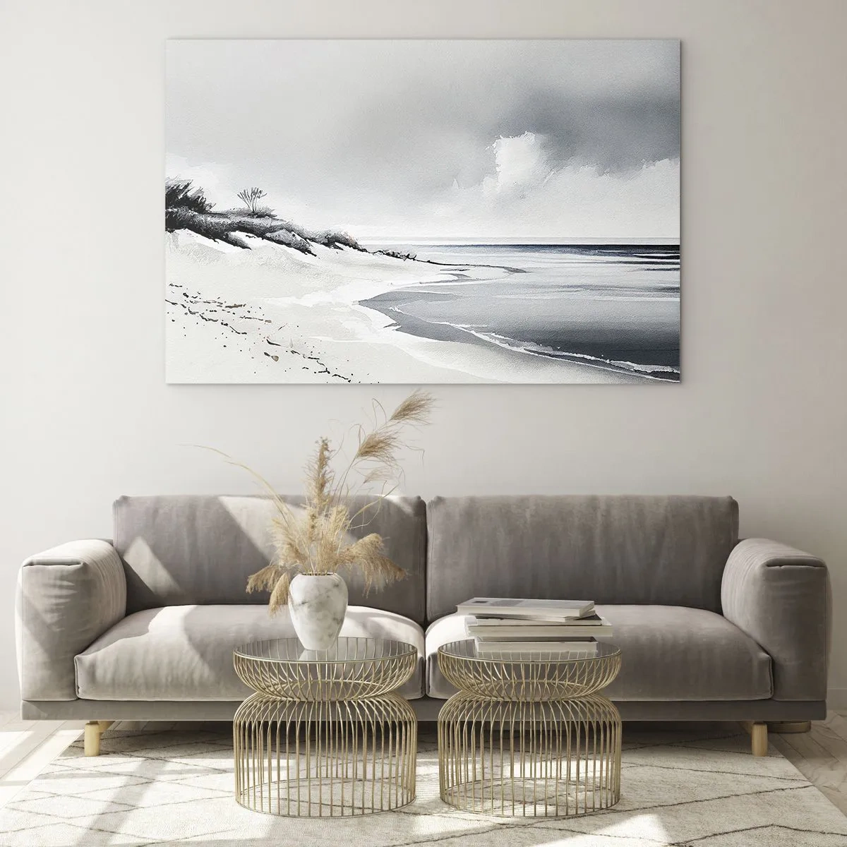 Billede på glas - Sort og hvid strand med horisont og roligt hav - 70x50cm - Altid sammen - Moderne vægdekoration til stue og soveværelse ARTTOR