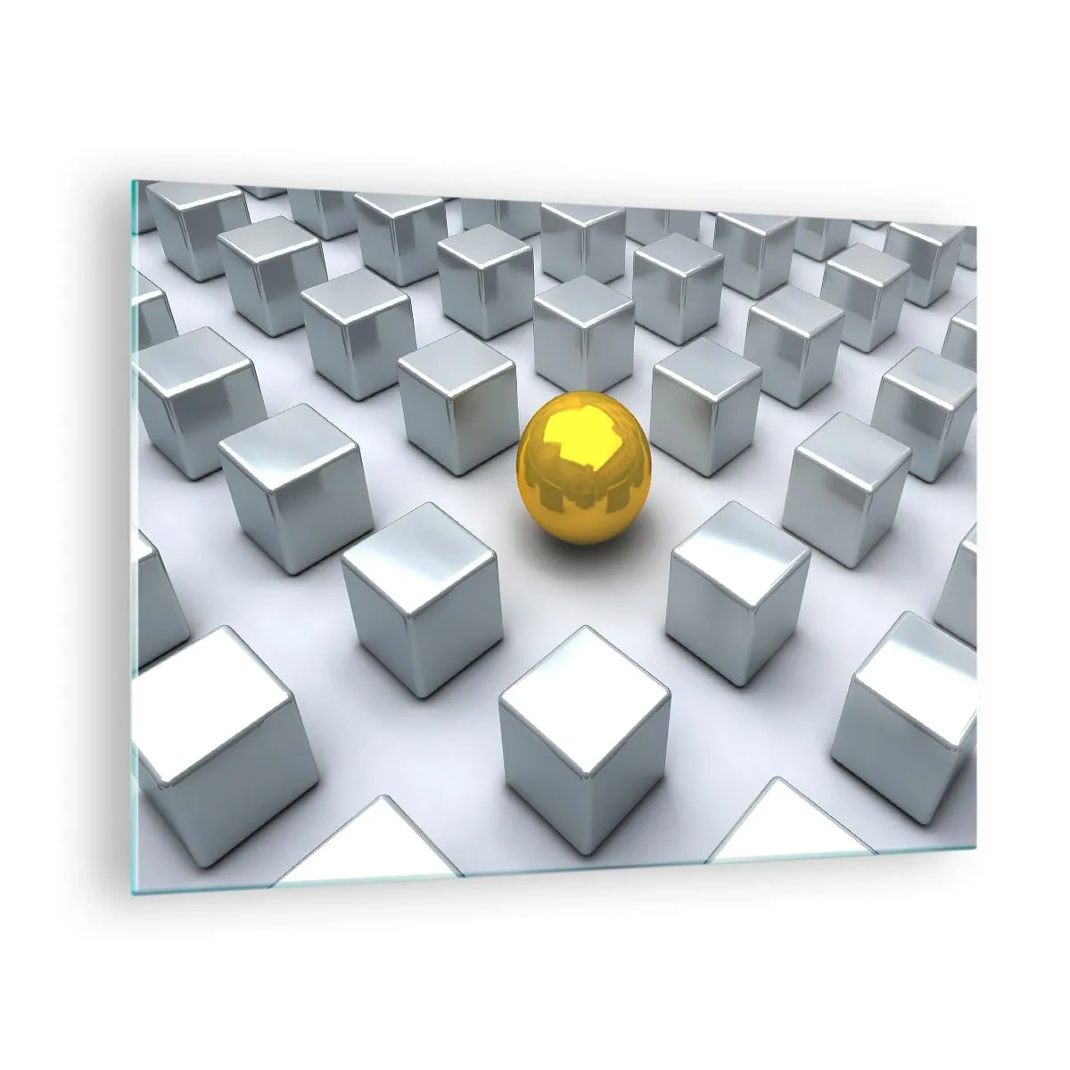 Billede på glas - En gylden kugle omgivet af sølvterninger - 70x50cm - Hvorfor mig? Geometrisk sammensætning - Moderne vægdekoration til stue og soveværelse ARTTOR