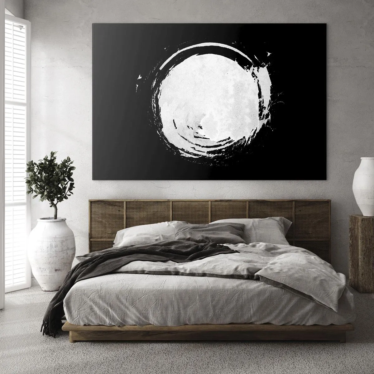 Billede på glas - Hvid abstrakt cirkel på en sort baggrund - 70x50cm - Den gode vej ud - Moderne vægdekoration til stue og soveværelse ARTTOR