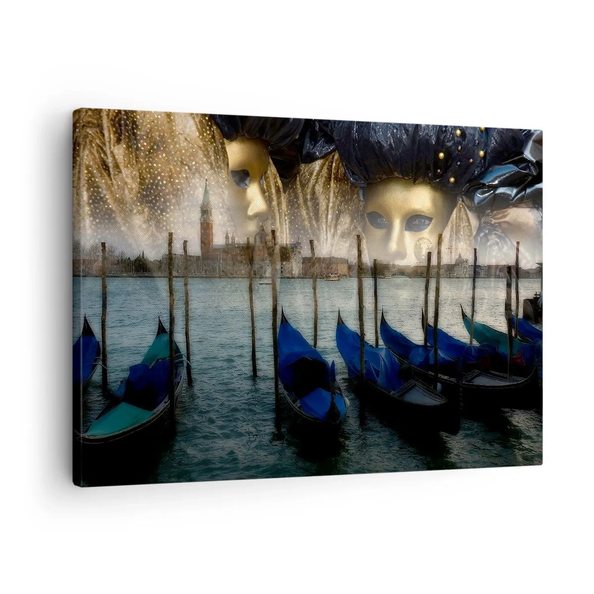 Lærredstryk - Billede på lærred - Venetianske karnevalsmasker og gondoler mod byen og vandet som baggrund - 70x50cm - Tid til at starte karneval - Moderne vægdekoration til stue og soveværelse ARTTOR