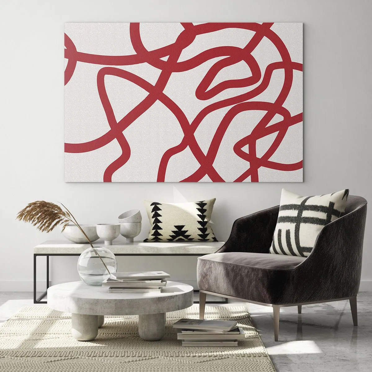 Billede på glas - Røde linjer hvirvler dynamisk rundt på en hvid baggrund - 70x50cm - Rød på hvid - Moderne vægdekoration til stue og soveværelse ARTTOR