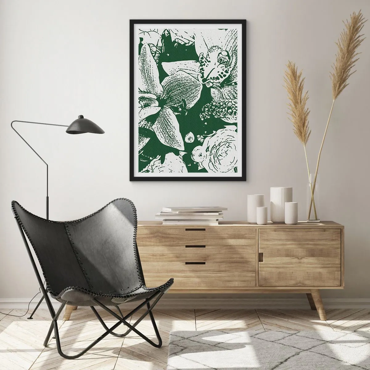 Plakat i sort ramme - Botanisk illustration af blomster og blade i kontrasterende farver - 50x70cm - Buket - en verden af grønt - Moderne vægdekoration til stue og soveværelse ARTTOR