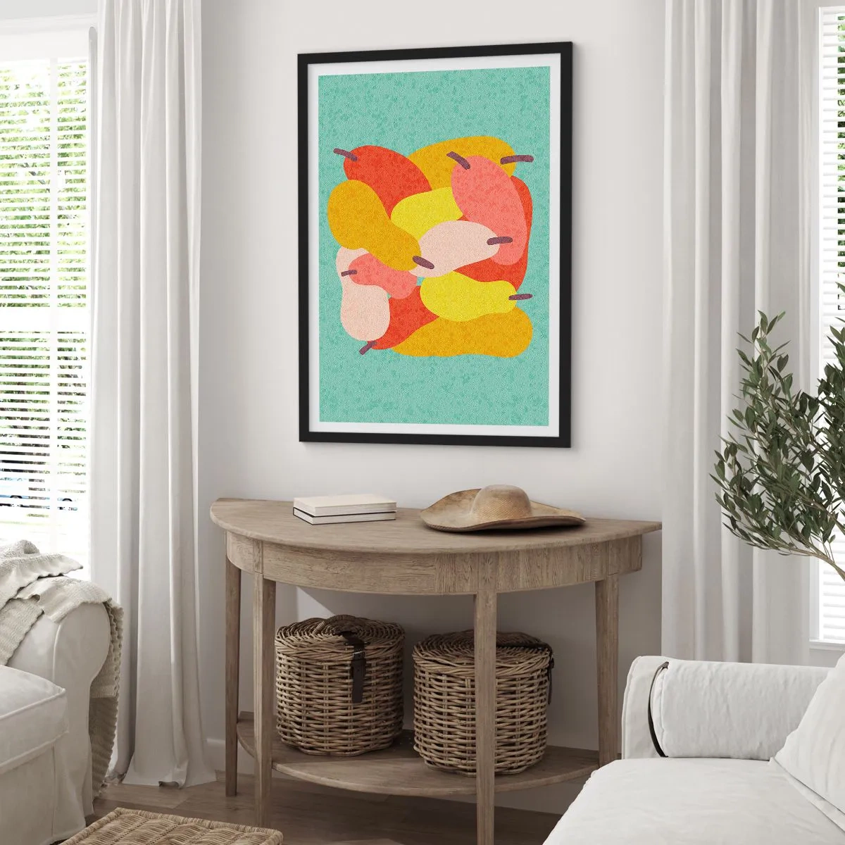 Plakat i sort ramme - Farverig illustration af pærer på en turkis baggrund - 50x70cm - Smag på sommersolen - Moderne vægdekoration til stue og soveværelse ARTTOR
