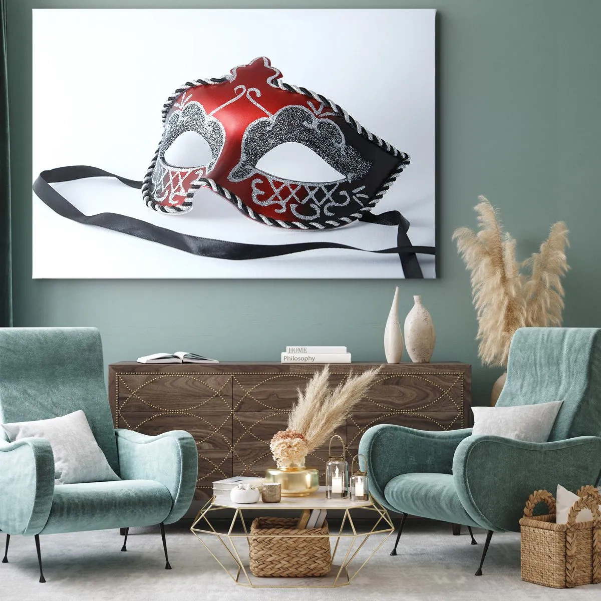 Lærredstryk - Billede på lærred - Rød karnevalsmaske på en lys baggrund - 70x50cm - Invitation til ballet - Moderne vægdekoration til stue og soveværelse ARTTOR