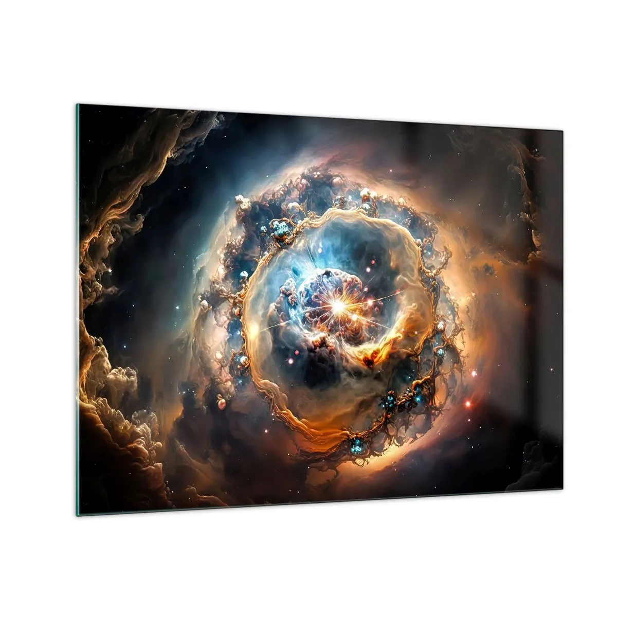 Billede på glas - En kosmisk eksplosion i centrum af en galaktisk hvirvel - 70x50cm - Begyndelse - Moderne vægdekoration til stue og soveværelse ARTTOR