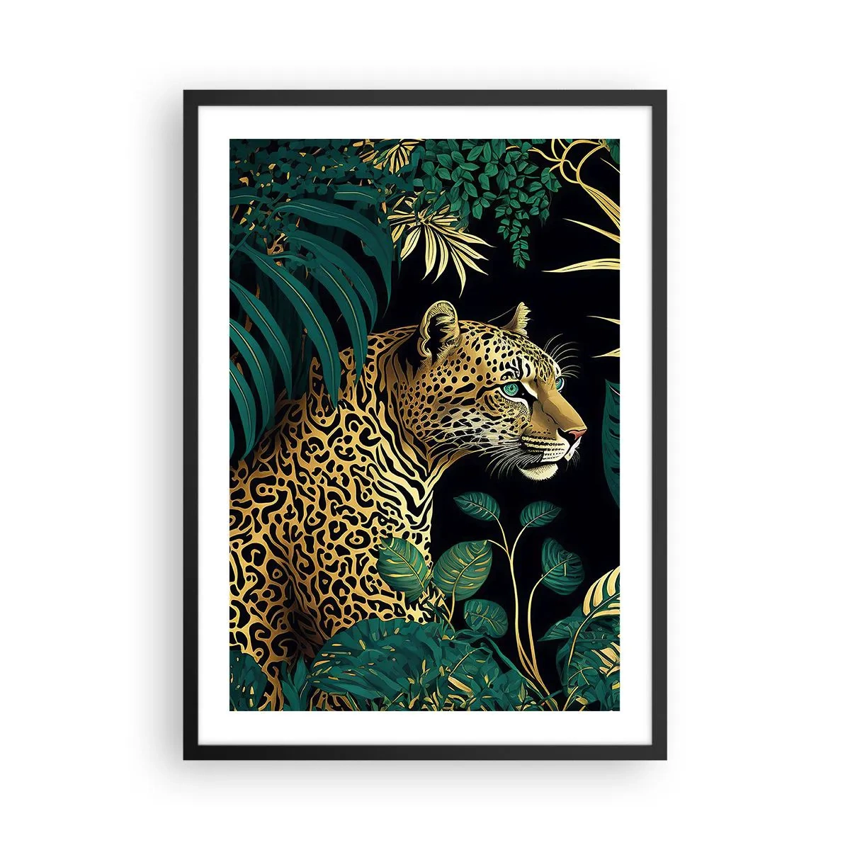 Plakat i sort ramme - Gylden leopard i den tropiske jungle - 50x70cm - Værten i junglen - Moderne vægdekoration til stue og soveværelse ARTTOR