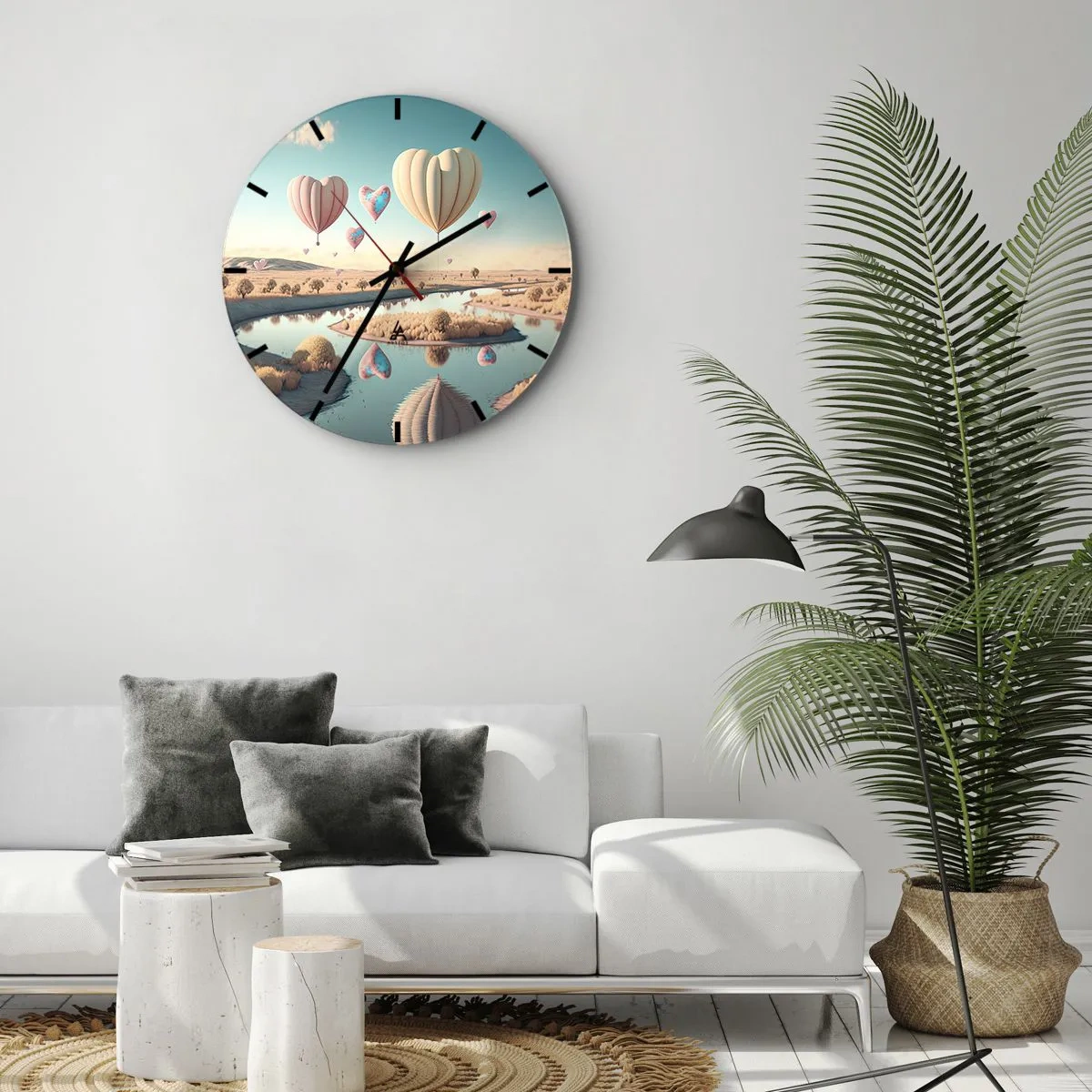 Vægur, Uret - Hjerteformede balloner svæver over floden - 30x30cm - Kærlighed lader dig svæve - Moderne vægdekoration til stue, køkken og soveværelse ARTTOR