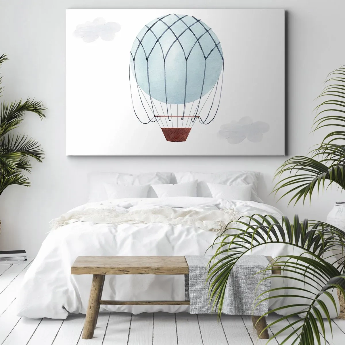 Lærredstryk - Billede på lærred - En håndmalet ballon mod en baggrund af fine skyer. - 70x50cm - Alt i skyerne - Moderne vægdekoration til stue og soveværelse ARTTOR