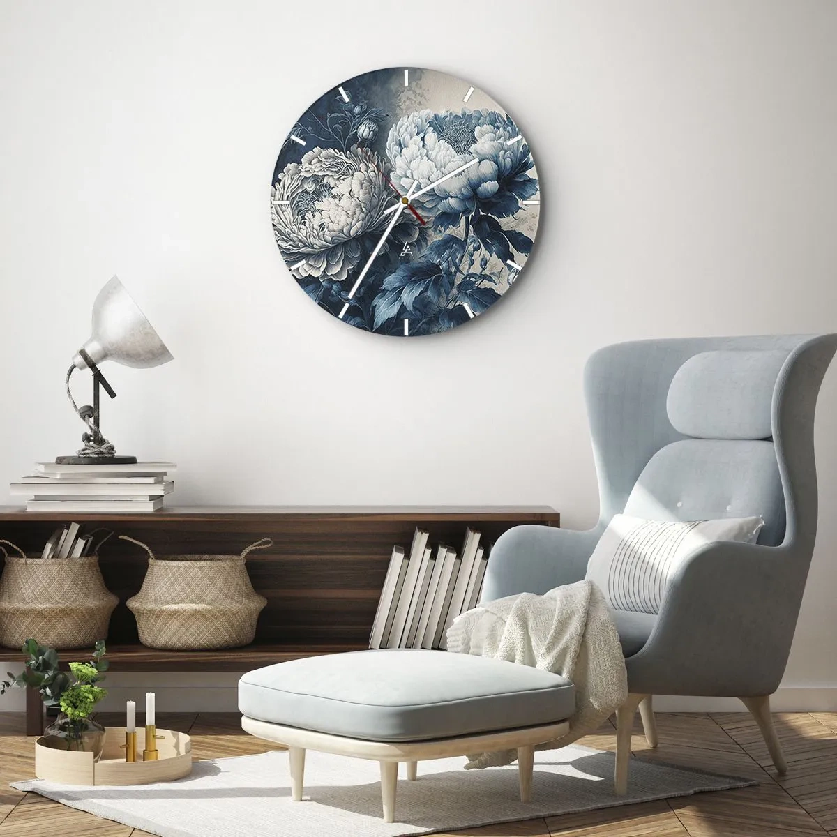 Vægur, Uret - Illustration af to pæoner i nuancer af blå og hvid - 30x30cm - Et godt matchet par - Moderne vægdekoration til stue, køkken og soveværelse ARTTOR