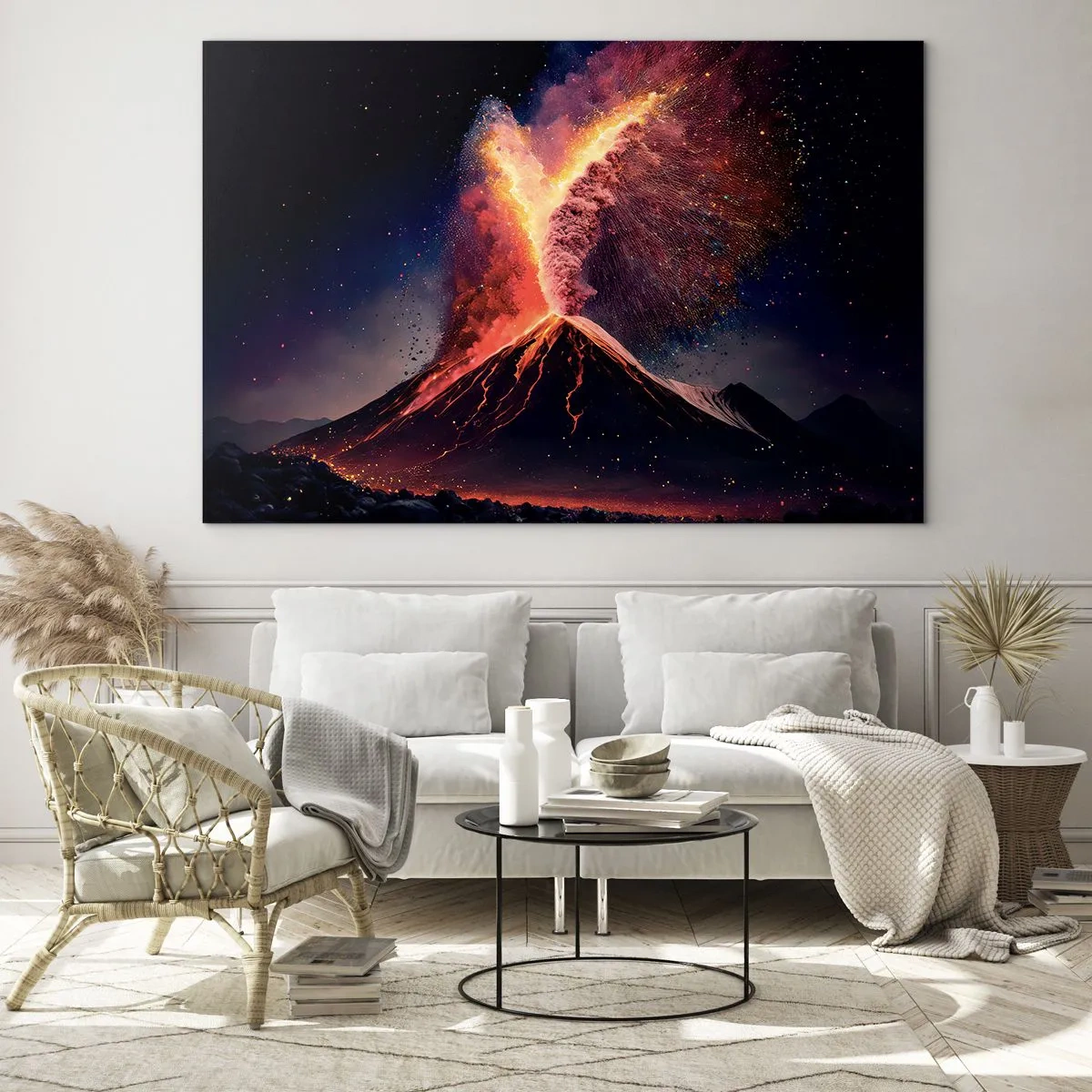Billede på glas - En udbrudt vulkan med lava og en farverig støvsky - 70x50cm - Skønhed og rædsel - Moderne vægdekoration til stue og soveværelse ARTTOR