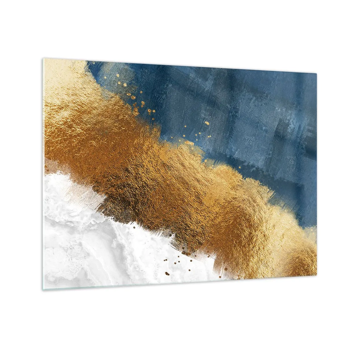 Billede på glas - Guldmalingsstrøg på en marineblå og hvid baggrund - 70x50cm - Sommerens farver - Moderne vægdekoration til stue og soveværelse ARTTOR