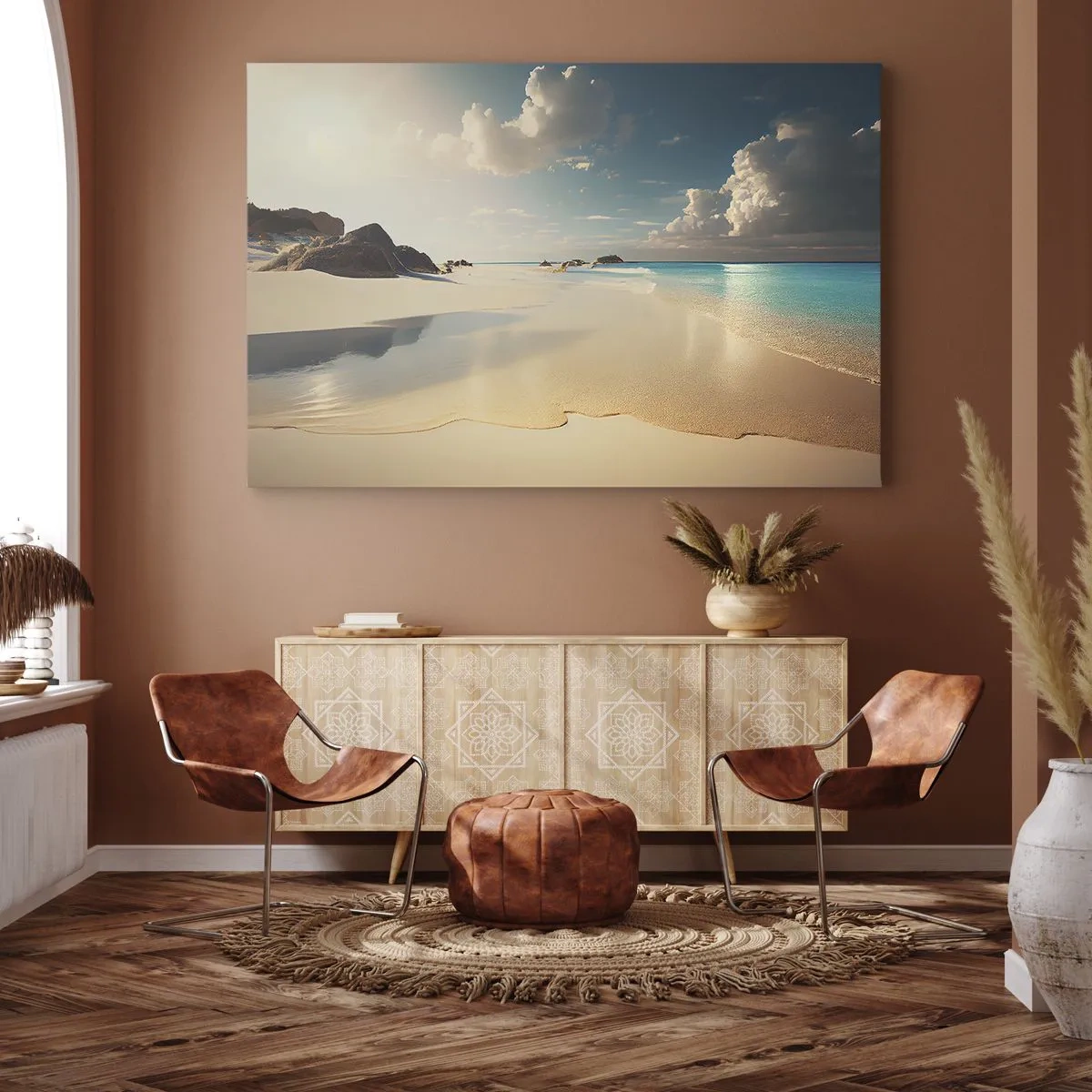 Lærredstryk - Billede på lærred - En solrig strand med blåt hav og klipper - 70x50cm - En drømmeagtig dag - Moderne vægdekoration til stue og soveværelse ARTTOR