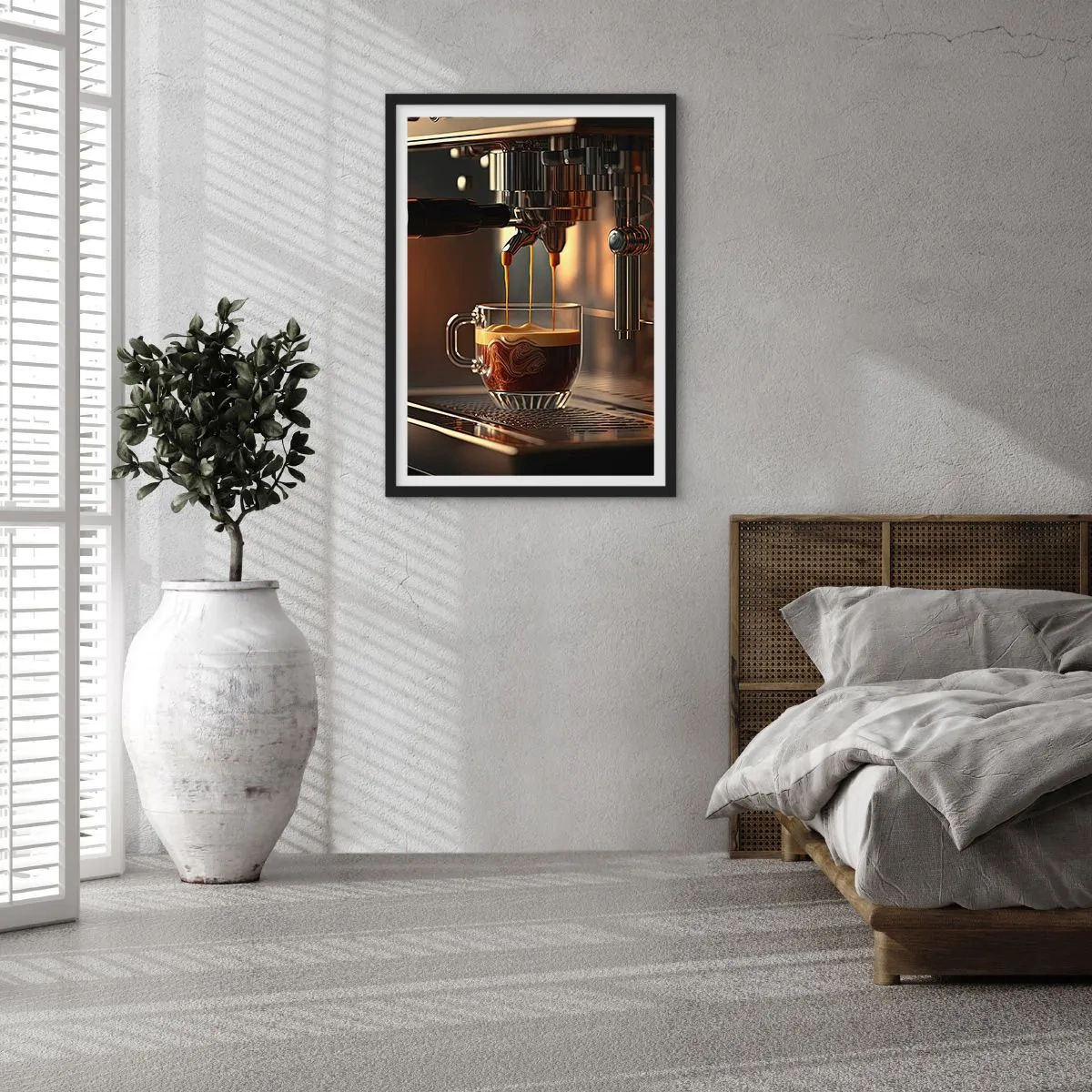 Plakat i sort ramme - En kaffemaskine, der hælder espresso i en kop - 50x70cm - En sensuel blanding - Moderne vægdekoration til stue og soveværelse ARTTOR