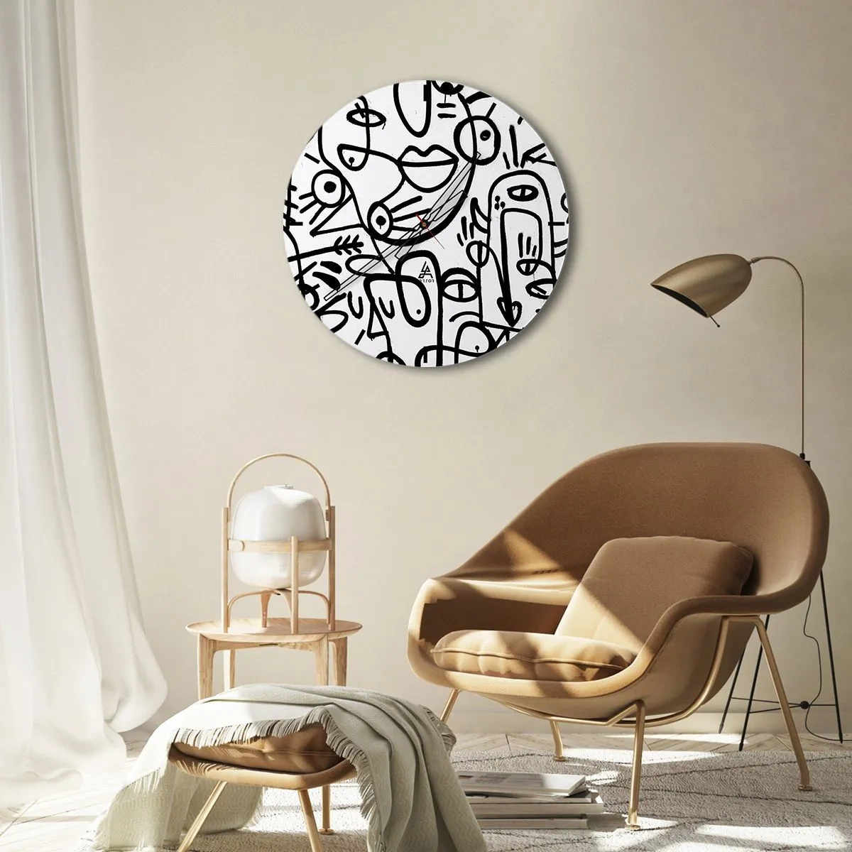 Vægur, Uret - Abstrakte stregtegninger på hvid baggrund - 30x30cm - Ansigter og luftspejlinger - Moderne vægdekoration til stue, køkken og soveværelse ARTTOR