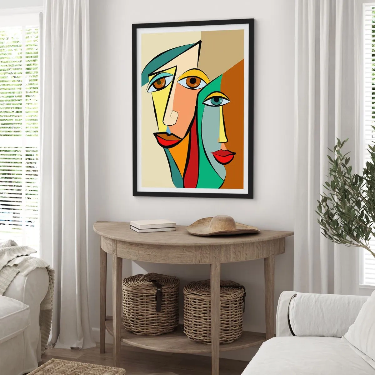 Plakat i sort ramme - Abstrakte kubistiske ansigter i varme farver - 50x70cm - Kubistisk par - Moderne vægdekoration til stue og soveværelse ARTTOR