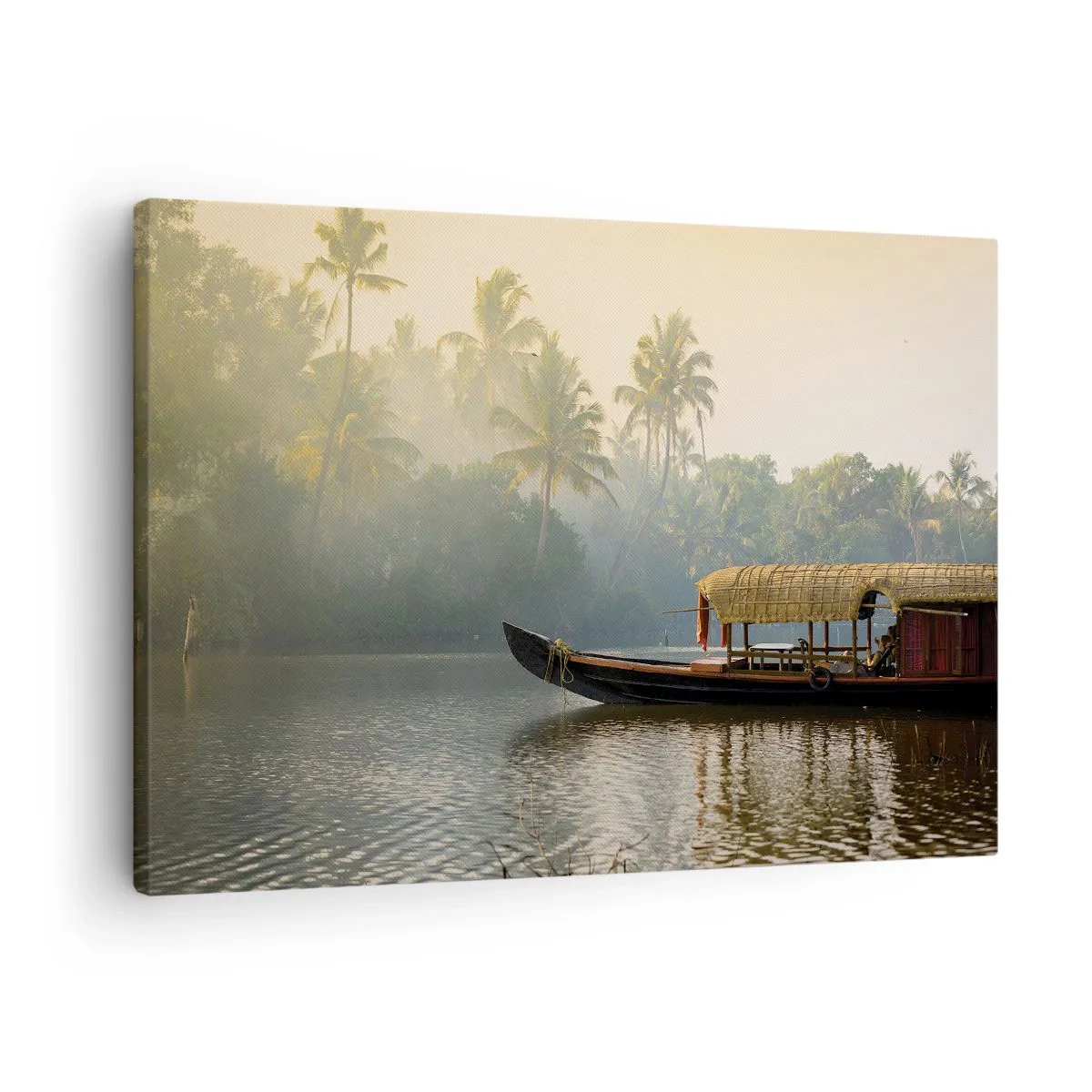 Lærredstryk - Billede på lærred - En traditionel båd på en rolig flod blandt palmer - 70x50cm - Hus ved floden - Moderne vægdekoration til stue og soveværelse ARTTOR