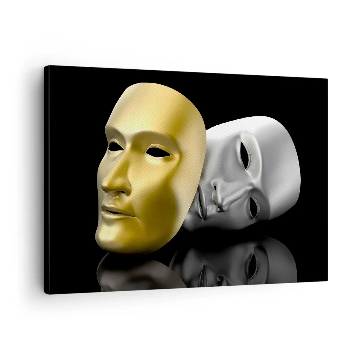 Lærredstryk - Billede på lærred - Guld- og sølvmaske på sort baggrund - 70x50cm - Livet er teater - Moderne vægdekoration til stue og soveværelse ARTTOR
