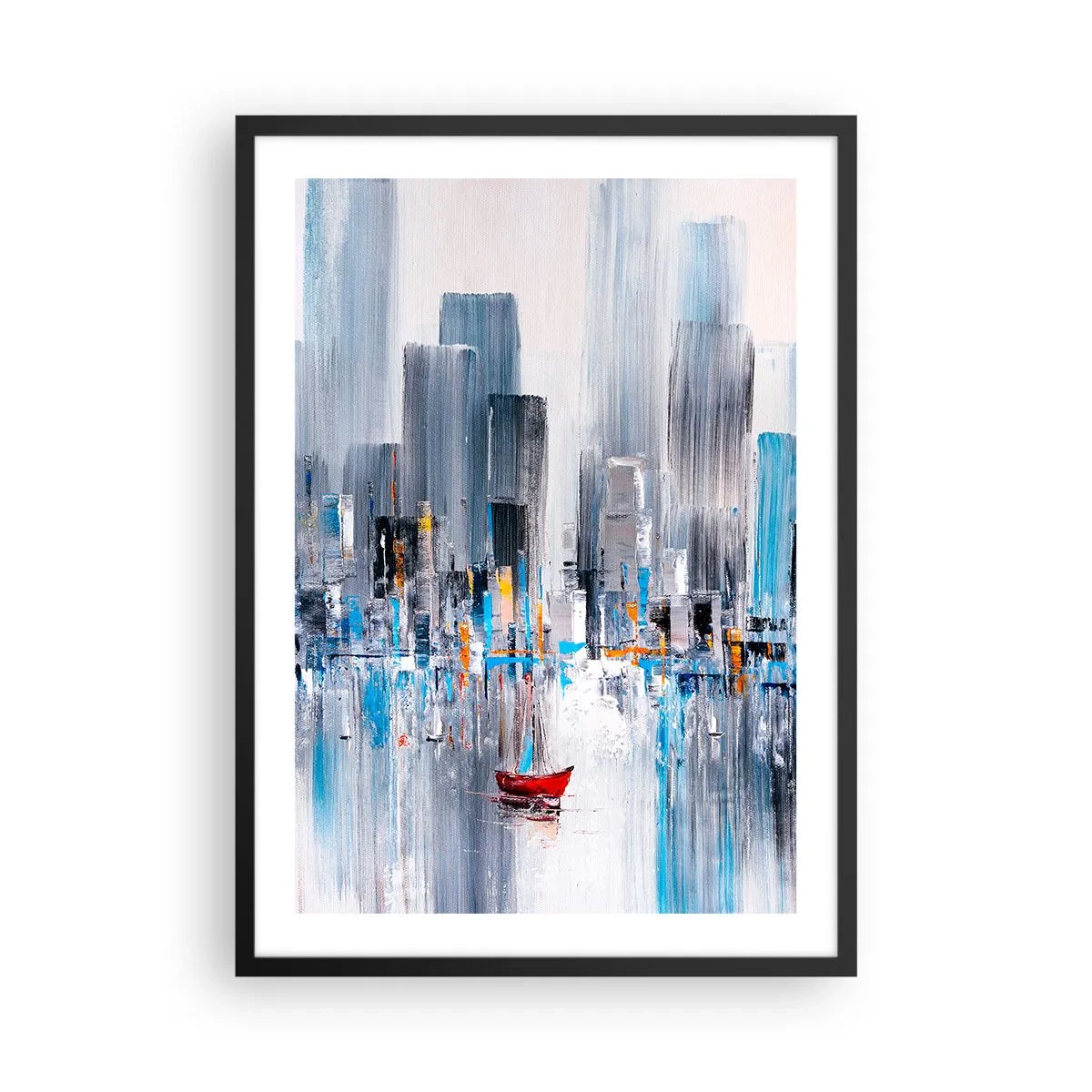 Plakat i sort ramme - Et abstrakt maleri, der forestiller en byskyline over vandet med en rød båd. - 50x70cm - Metropolis ved bugten - Moderne vægdekoration til stue og soveværelse ARTTOR