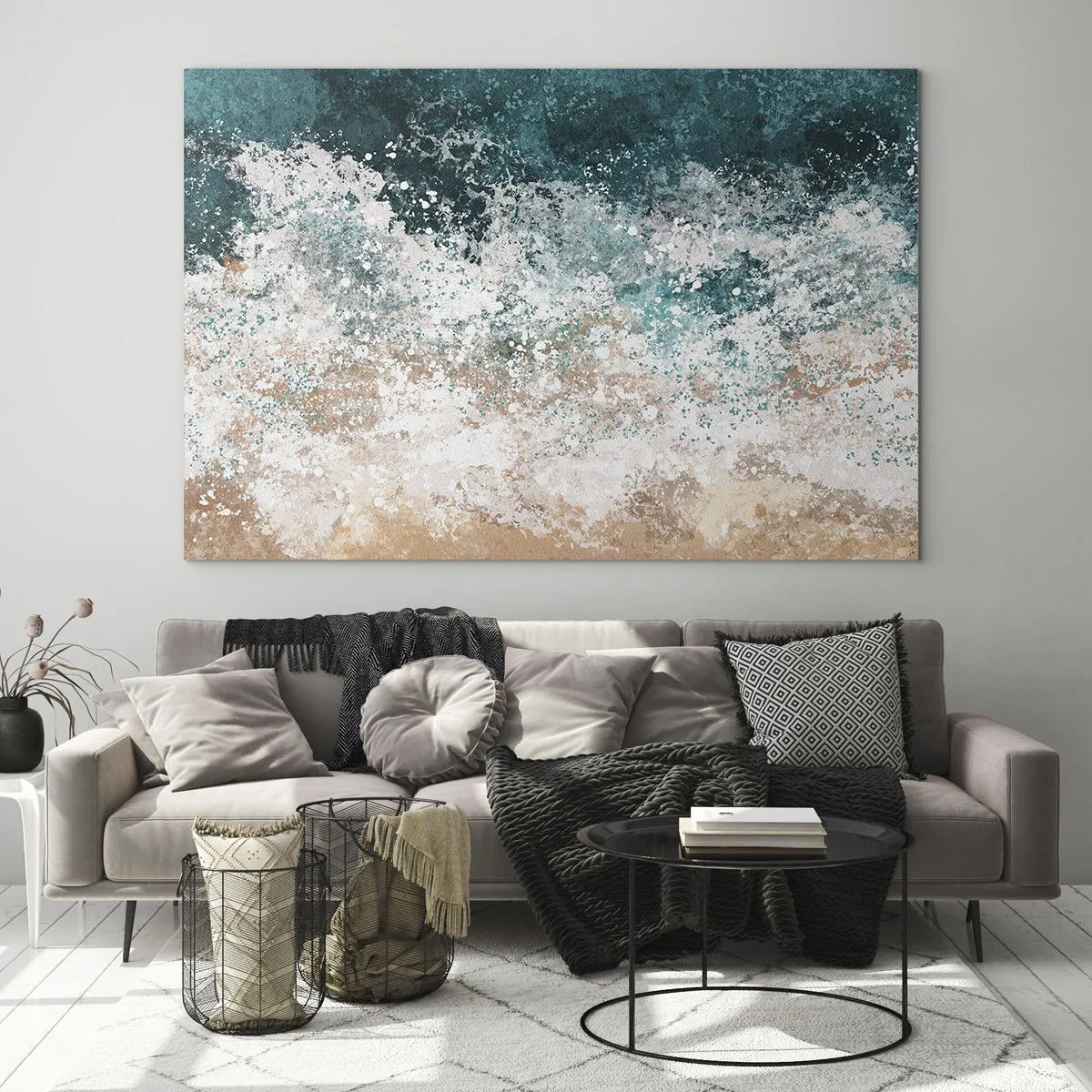 Billede på glas - Abstrakt havbølge i nuancer af turkis, hvid og sandbeige - 70x50cm - Historier fra havet - Moderne vægdekoration til stue og soveværelse ARTTOR