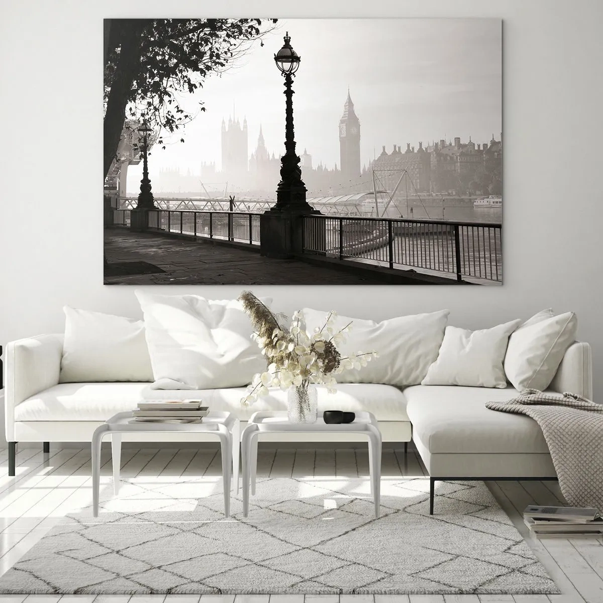 Billede på glas - Sort-hvidt fotografi af Londons promenade med Big Ben - 70x50cm - London morgen - Moderne vægdekoration til stue og soveværelse ARTTOR