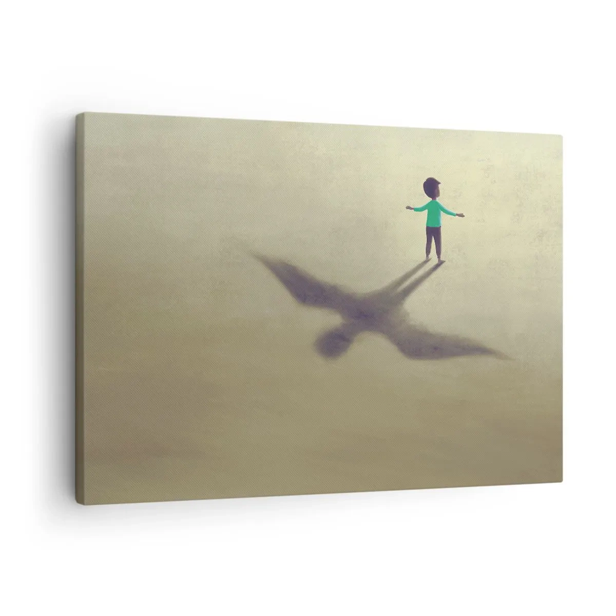 Lærredstryk - Billede på lærred - En symbolsk figur af et barn med en fugls skygge mod en baggrund i varme nuancer. - 70x50cm - Fremtidens helt - Moderne vægdekoration til stue og soveværelse ARTTOR