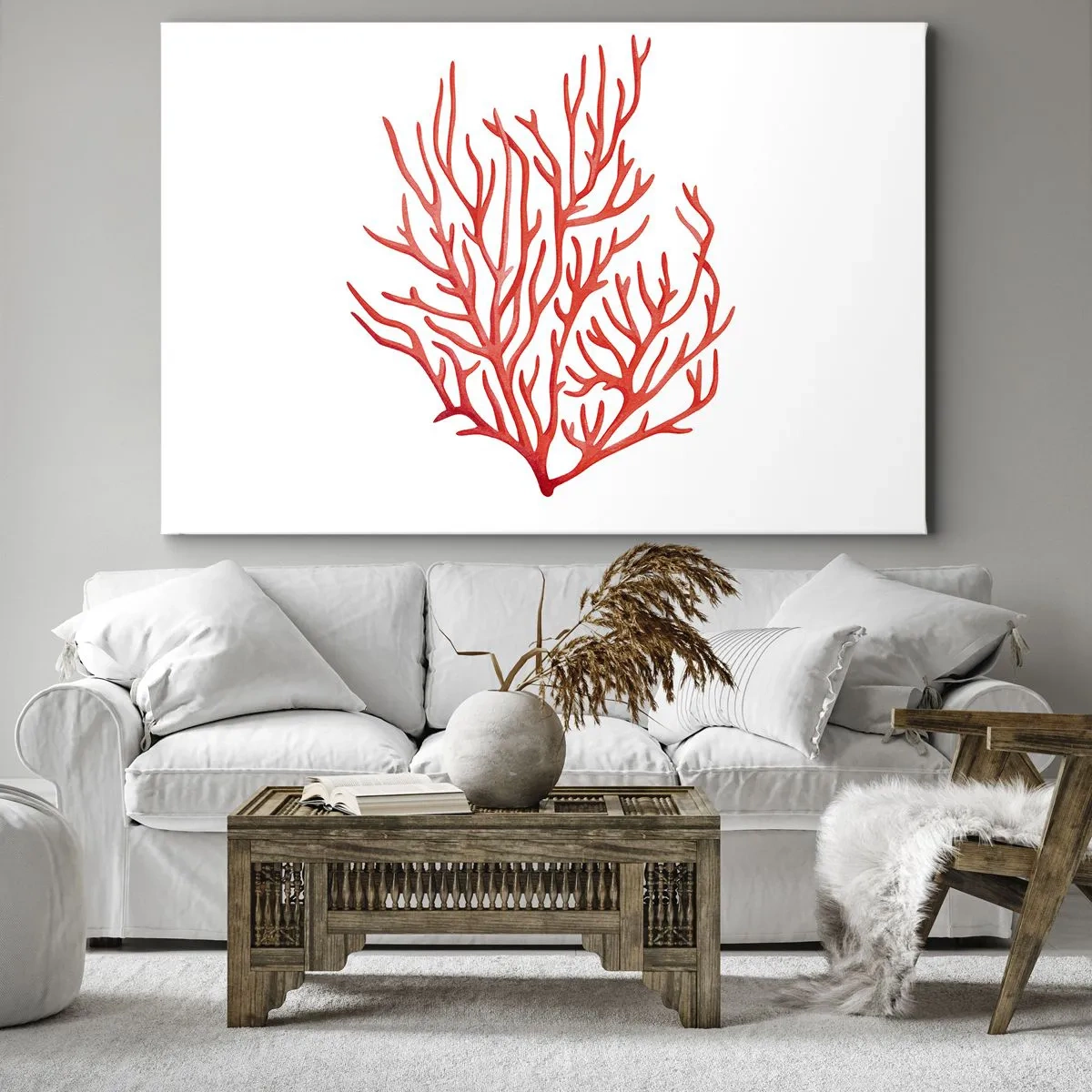 Lærredstryk - Billede på lærred - Rød koral på en hvid baggrund i minimalistisk stil - 70x50cm - Koral-filigran - Moderne vægdekoration til stue og soveværelse ARTTOR