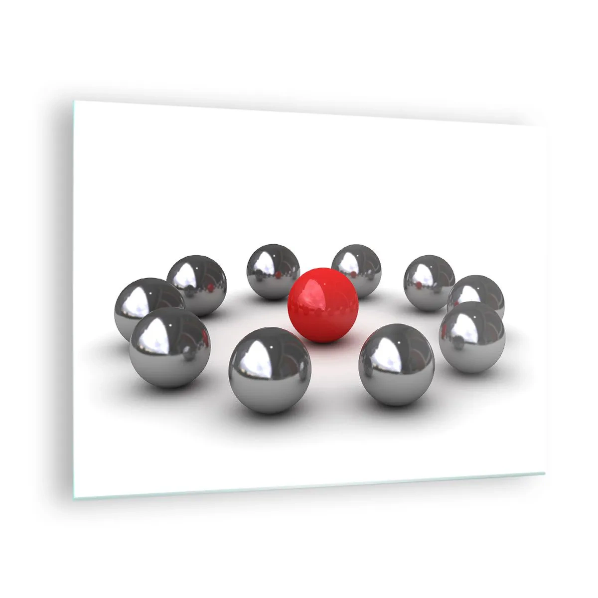 Billede på glas - En rød kugle omgivet af sølv på en hvid baggrund - 70x50cm - Cirkel i sølv og rød - Moderne vægdekoration til stue og soveværelse ARTTOR