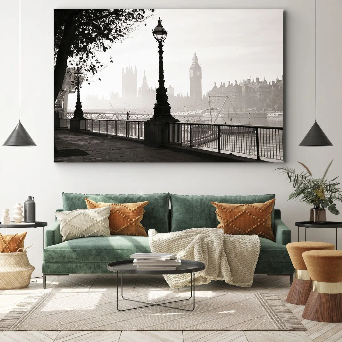 Lærredstryk - Billede på lærred - En monokromatisk udsigt over Big Ben og Themsen. - 70x50cm - London morgen - Moderne vægdekoration til stue og soveværelse ARTTOR