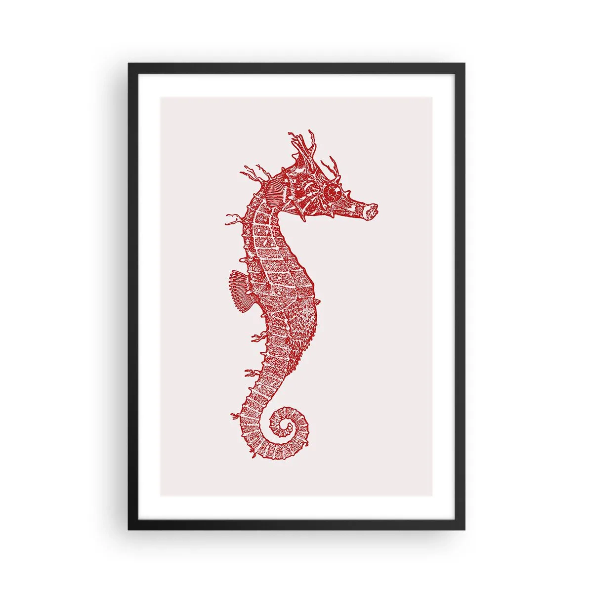 Plakat i sort ramme - Rød steampunk søhest på en lys baggrund - 50x70cm - En indviklet skabelse - Moderne vægdekoration til stue og soveværelse ARTTOR