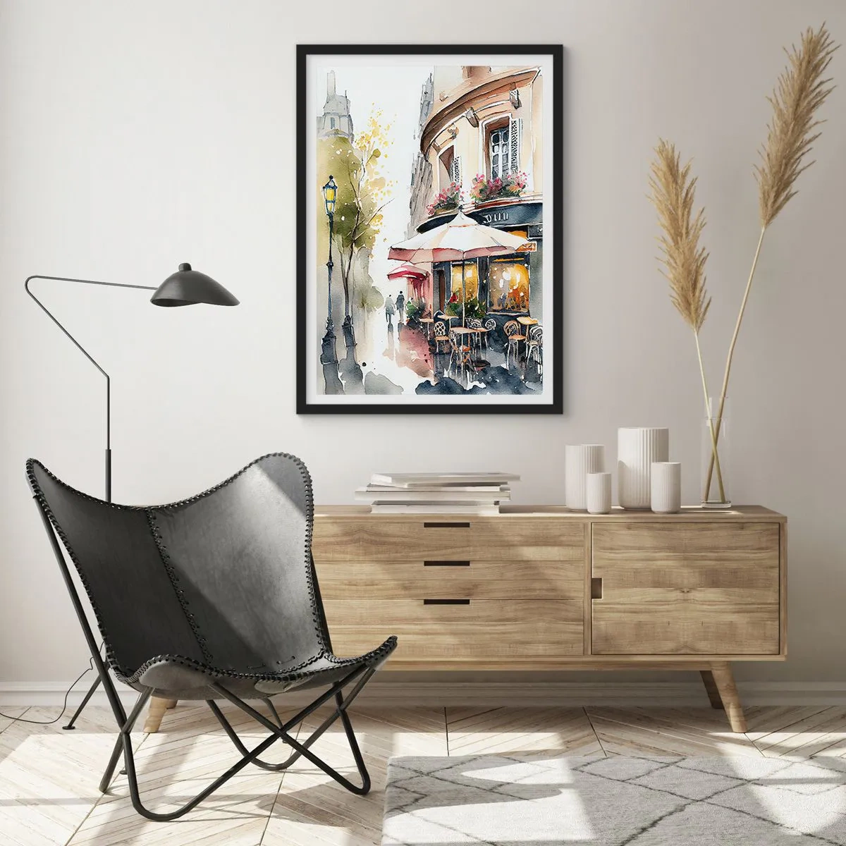 Plakat i sort ramme - En café på en malerisk gade i europæisk stil - 50x70cm - En parisisk morgen - Moderne vægdekoration til stue og soveværelse ARTTOR