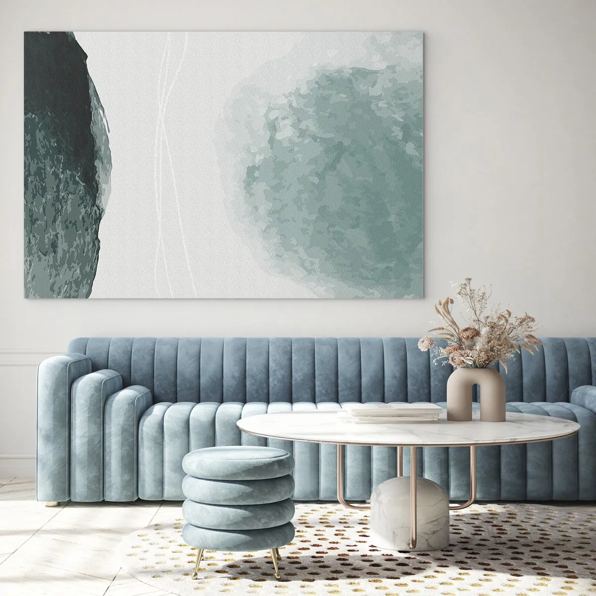 Billede på glas - Grønne abstrakte former på en lys baggrund, der ligner tåge - 70x50cm - Et møde med tåge - Moderne vægdekoration til stue og soveværelse ARTTOR