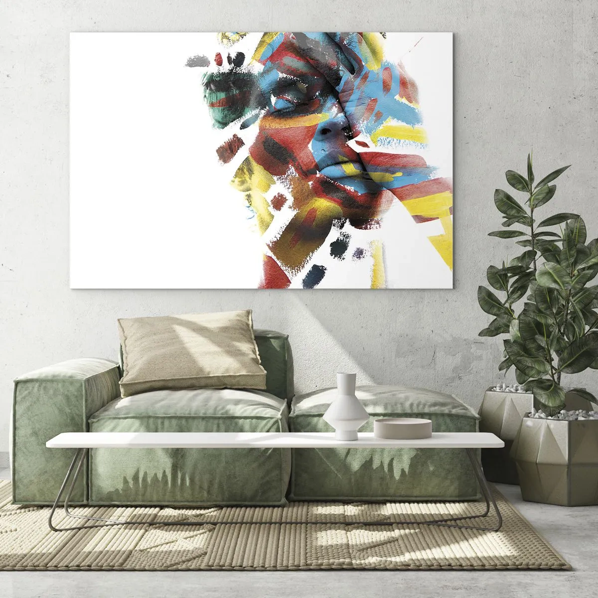 Billede på glas - Portræt med abstrakte, farverige accenter i ansigtet - 70x50cm - Farverig personlighed - Moderne vægdekoration til stue og soveværelse ARTTOR