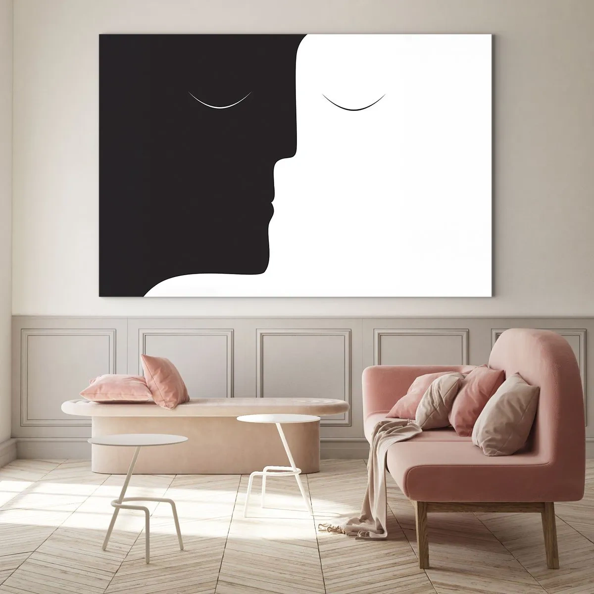 Billede på glas - Minimalistiske sort-hvide ansigter, der danner en enhed - 70x50cm - Modsætningernes enhed - Moderne vægdekoration til stue og soveværelse ARTTOR