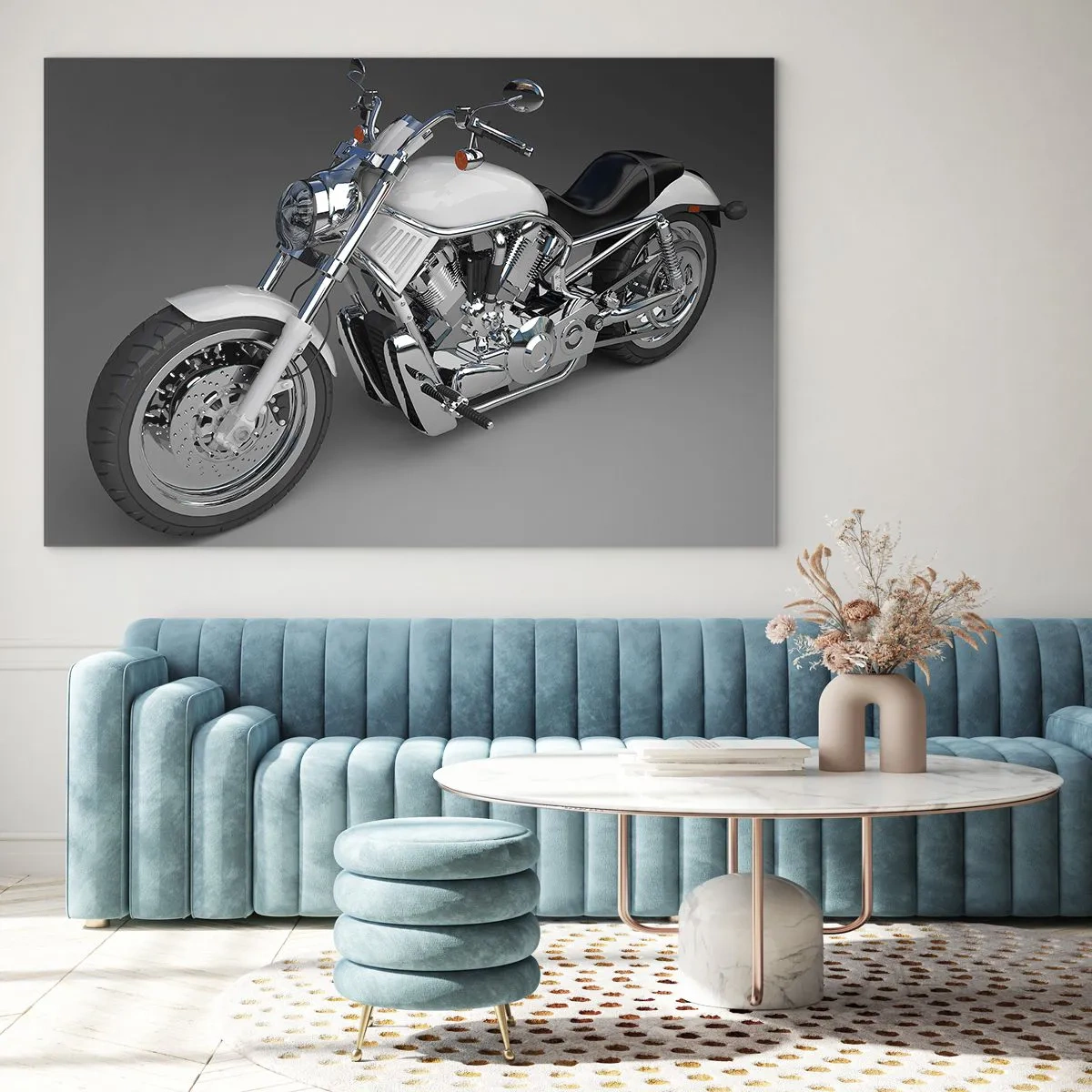 Billede på glas - En stilfuld motorcykel på en grå baggrund med et moderne twist - 70x50cm - Det giver dig lyst til at knæle - Moderne vægdekoration til stue og soveværelse ARTTOR